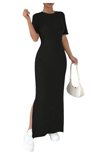 Women's Summer Dress Crew Neck Short Sleeve Split Casual Bodycon Long Dresses