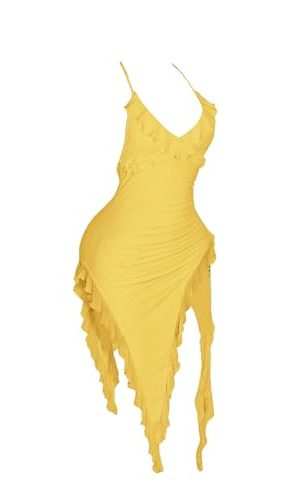 21mgCt2rr-L.jpg Women's Summer Halter Dress Sexy Deep V Neck Backless Ruffle Asymmetric Hem Bodycon Party Club Midi Dresses