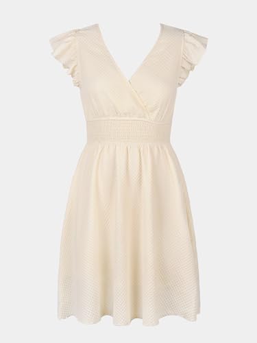 21xwNCQ2p2L.jpg Women's Dress V Neck Flutter Sleeve Smocked Short A Line Casual Summer Knee Length Dress