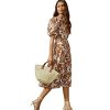 Women's Boho Floral Puff Sleeve Cut Out Dress Tie Back A Line Midi Dresses