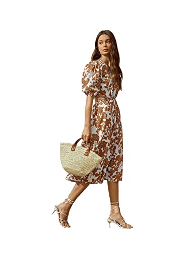 Women's Boho Floral Puff Sleeve Cut Out Dress Tie Back A Line Midi Dresses