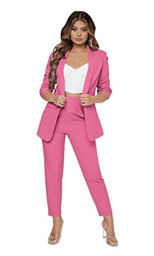 Women's 2 Piece Solid Ruched Sleeve Blazer and Pants Business Office Suit Set