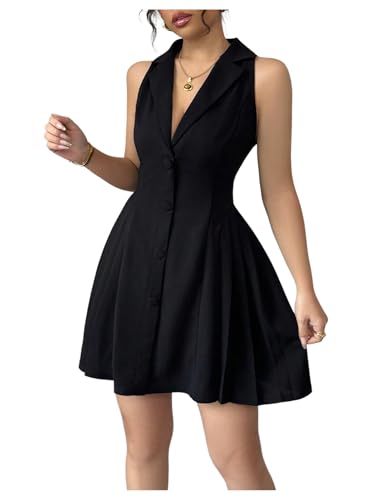 315eaVFGr7L.jpg Women's Summer Mini Dress Button Down Sleeveless Collared V Neck Business Casual A Line Dresses