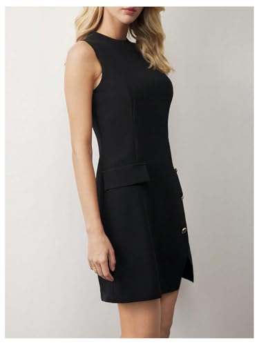 317jhW6JmxL.jpg Women's Crew Neck Sleeveless Mini Dresses Split Button Elegant Formal Dresses