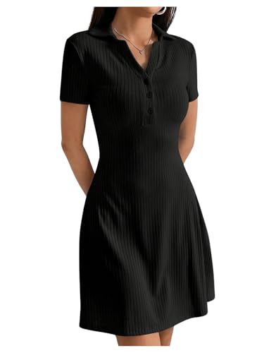 319HgaYeCL.jpg Women's V Neck Short Dresses Short Sleeve Collar Button A Line Dress Work Outfits