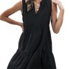 31AHppJr6sL.jpg Women's Ruffle Beach Mini Dress Split V Neck A Line Sleeveless Geometric Stripe Tropical Leaf Pattern Summer Dresses