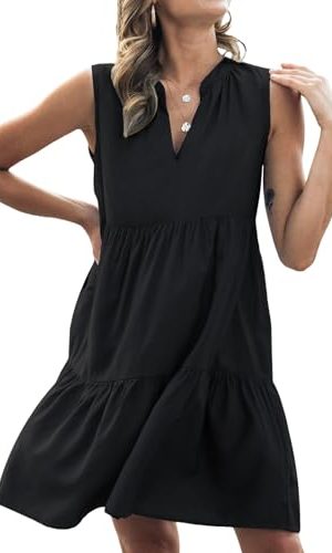 Women's Ruffle Beach Mini Dress Split V Neck A Line Sleeveless Geometric Stripe Tropical Leaf Pattern Summer Dresses