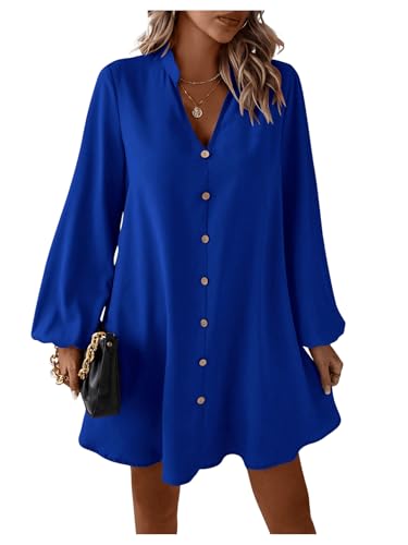 31AMMEkokjL.jpg Women's V Neck Pullover Shirt Dress A Line Long Lantern Sleeve Flared Loose Mini Dresses