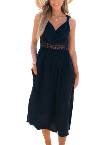 Women's Summer Casual Maxi Dress V Neck Sleeveless Contrast Lace Long Dress