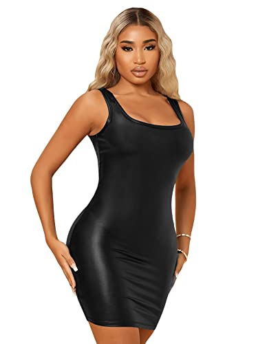 31BlXO4IZ-L.jpg Women's Sleeveless Bodycon Tank Dress PU Leather Mini Dresses