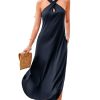 Women Casual Summer Dresses Knit Sundress Halter Sleeveless Cutout Slit Long Beach Vacation 2025 Pockets Maxi Dress