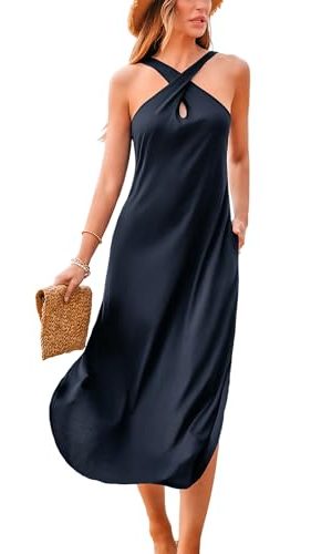 Women Casual Summer Dresses Knit Sundress Halter Sleeveless Cutout Slit Long Beach Vacation 2025 Pockets Maxi Dress