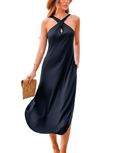 Women Casual Summer Dresses Knit Sundress Halter Sleeveless Cutout Slit Long Beach Vacation 2025 Pockets Maxi Dress