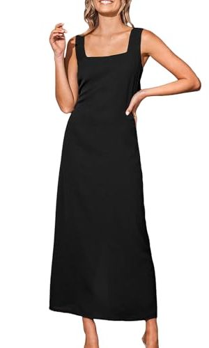 Women Backless Maxi Summer Dress Back Vent Square Neck Sleeveless A Line Casual Sundress Spring Semi Formal Dress