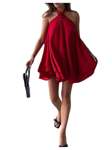 31DGmGznhFL.jpg Women's Summer Halter Dress 3D Floral Ruffle Swing Flowy Beach Mini Dresses