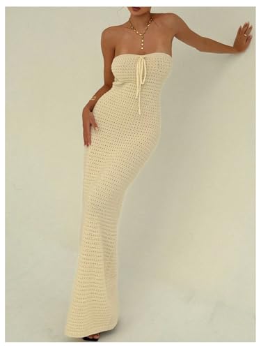 31DbwitxzQL.jpg Women's Summer Crochet Tube Maxi Dress Tie Front Strapless Sleeveless Bodycon Knit Long Dresses