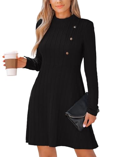 31E3ibcIXkL.jpg Women's Mini Dresses Round Neck Long Sleeve Textured Button Knit A Line Short Casual Fall Dresses