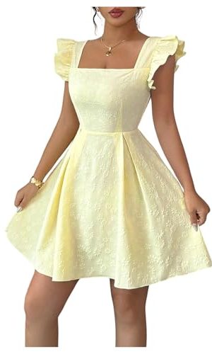 Women's Ruffle Cap Sleeve Square Neck Dress Textured Short Dress Summer Smocked A Line Dresses