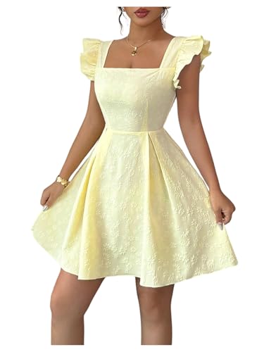 Women's Ruffle Cap Sleeve Square Neck Dress Textured Short Dress Summer Smocked A Line Dresses