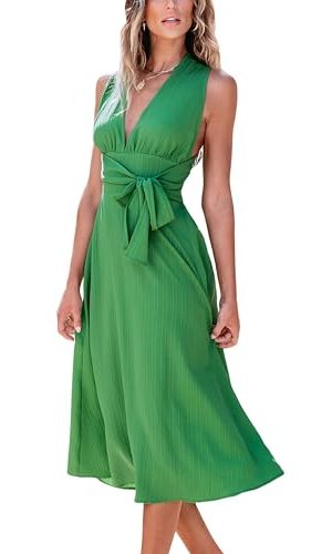 Women's Midi Dress Plunging V Neck Belted Sleeveless Pleated A Line Beach Long Summer Dress