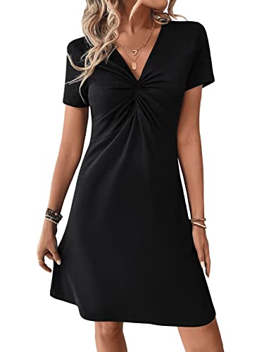 Women's Casual Short Sleeve V Neck Tee Shirt Dress Twist Front A Line Short Dresses
