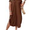 Women's Plus Size Summer Dress V Neck Short Sleeve Split Hem Midi Dresses