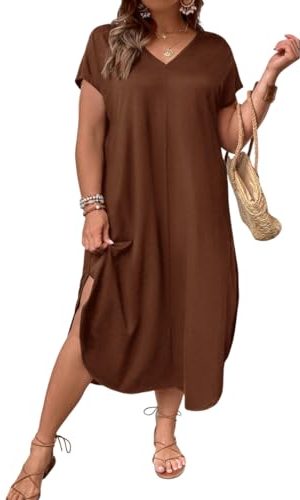 Women's Plus Size Summer Dress V Neck Short Sleeve Split Hem Midi Dresses