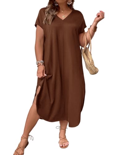 Women's Plus Size Summer Dress V Neck Short Sleeve Split Hem Midi Dresses