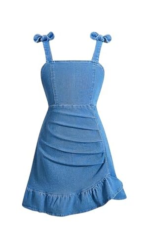 Girl's Sleeveless Ruched Ruffle Hem Denim Dress Bow Cute A Line Summer Dress