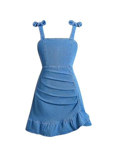 31JCPAOs7aL.jpg Girl's Sleeveless Ruched Ruffle Hem Denim Dress Bow Cute A Line Summer Dress