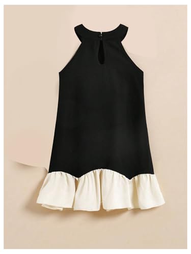 31JTmk1VHtL.jpg Girl's Pearl Halter Dress Sleeveless Ruffle Hem Color Block Cute Birthday Midi Dresses