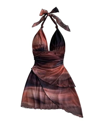 Women's Plus Size Sundresses Vintage Ombre Halter Deep V Neck Bodycon Summer Mini Dress