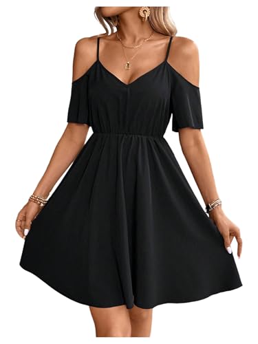 31JnDrYjbhL.jpg Women's Ruffle Cold Shoulder Dress Cut Out Short Sleeve A Line Summer Dresses