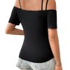 31M0m2DhHuL.jpg Women's Cut Out Top Cold Shoulder Short Sleeve Fitted Solid T Shirts