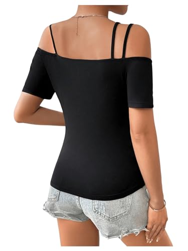 31M0m2DhHuL.jpg Women's Cut Out Top Cold Shoulder Short Sleeve Fitted Solid T Shirts