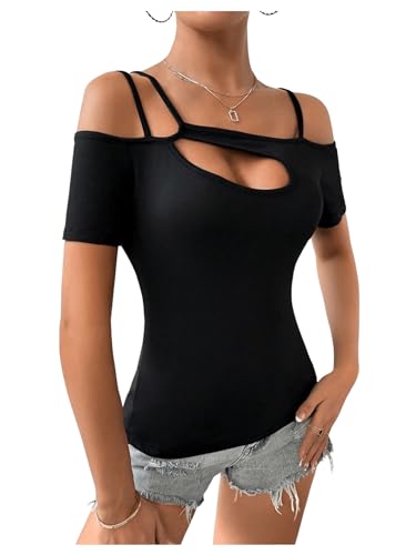 31MJocKsNZL.jpg Women's Cut Out Top Cold Shoulder Short Sleeve Fitted Solid T Shirts