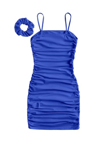 31MtesIazcL.jpg Girl's Ruched Sleeveless Bodycon Pencil Cami Midi Dress with Hair Scrunchies
