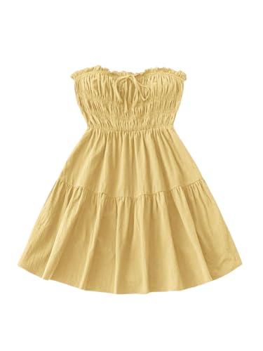 Women's Strapless Tube Mini Dress Sleeveless Shirred Tie Front Ruffle Hem A Line Summer Dresses