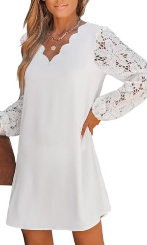 31OIR92xMAL.jpg Women's Mini Dress Scalloped V Neck Lace Appliques Long Sleeve Loose Fit A Line Casual Dress