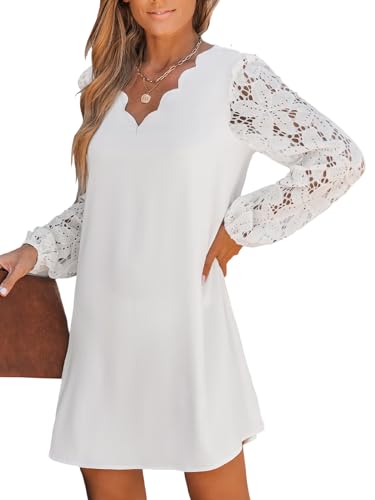Women's Mini Dress Scalloped V Neck Lace Appliques Long Sleeve Loose Fit A Line Casual Dress