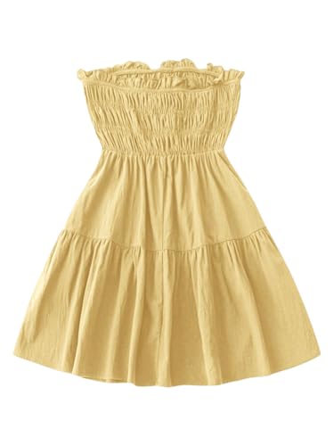 Women's Strapless Tube Mini Dress Sleeveless Shirred Tie Front Ruffle Hem A Line Summer Dresses
