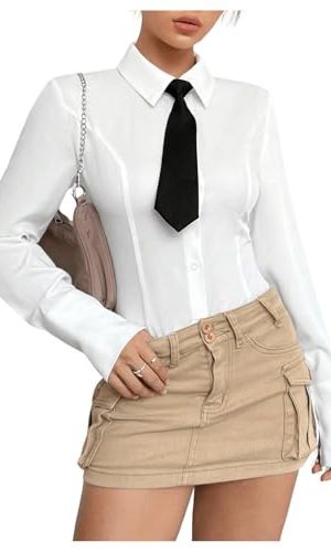 31PQJUXaQ3L.jpg Women's Button Down Long Sleeve Blouse Collared Slim Fit Dress Shirts with Tie