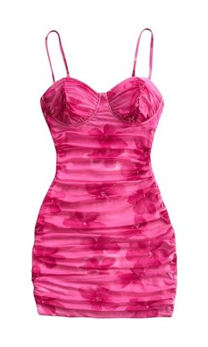 Women's Summer Floral Corset Dress Spaghetti Strap Ruched Mesh Bodycon Vacation Mini Dresses