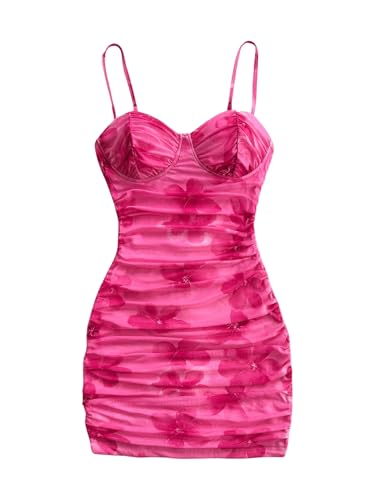 31QDVI6PImL.jpg Women's Summer Floral Corset Dress Spaghetti Strap Ruched Mesh Bodycon Vacation Mini Dresses