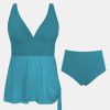 Women Tankini Sets Plus Size Two Piece Swimsuit High Waisted V Neck Mesh Ruched Self Tie Swim Dress