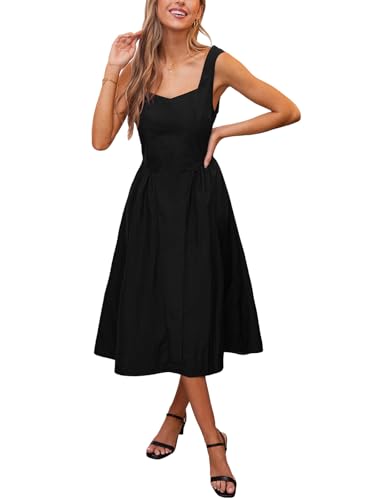 Women's Summer Sleeveless Midi Dress Square Neck Smocked Casual A Line Beach Sundress