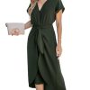 31VDTP2LIL.jpg Women's V Neck Wrap Dress Twisted Slit Pleated Waist Tie Short Sleeve Summer Midi Dresses