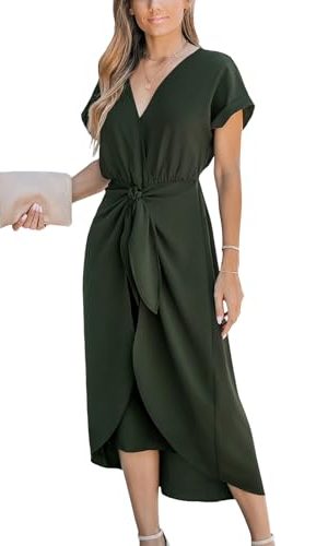 Women's V Neck Wrap Dress Twisted Slit Pleated Waist Tie Short Sleeve Summer Midi Dresses