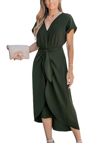 31VDTP2LIL.jpg Women's V Neck Wrap Dress Twisted Slit Pleated Waist Tie Short Sleeve Summer Midi Dresses