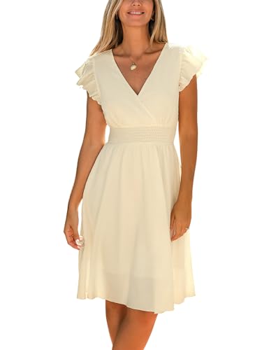 31VS36uu2UL.jpg Women's Dress V Neck Flutter Sleeve Smocked Short A Line Casual Summer Knee Length Dress